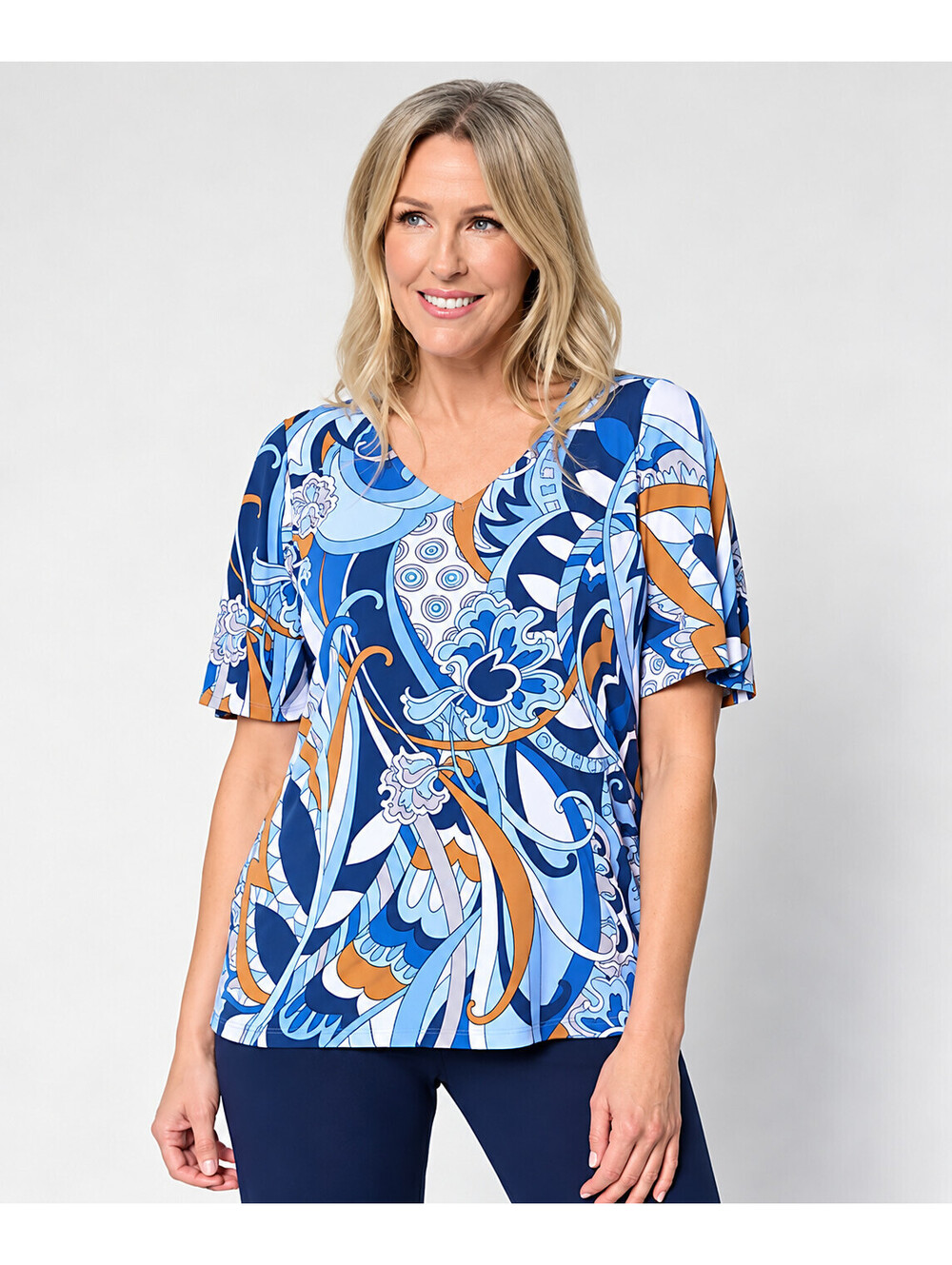 Susan Graver Print Liquid Knit Short Sleeve V-Neck Pullover Top Sky, Size Small
